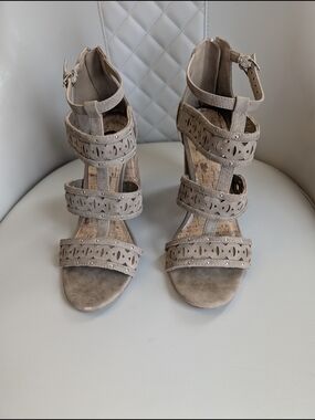 Women's Taupe Strappy Suede High Heel Sandals by G by Guess